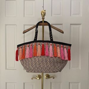 Vintage 00s Shiraleah Pink Tassel Beige Woven Tote Bag
